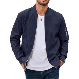 Men Blue Casual Bomber Jacket Lightweight Collar Windbreaker Spring Fall Coat